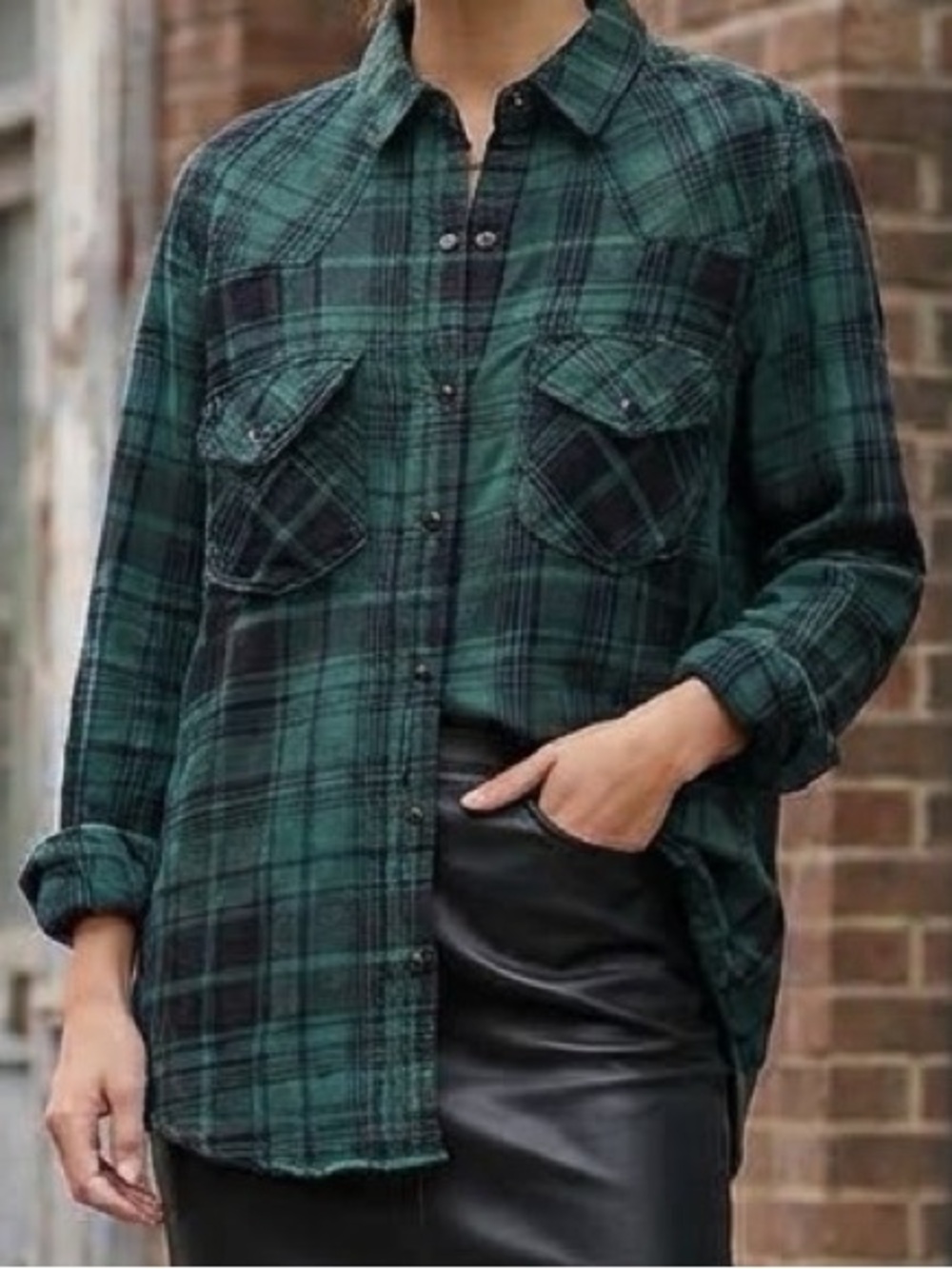 NWT Seven7 100% Cotton Green & Black Plaid Button-Down Shirt Sz XS (2-6)